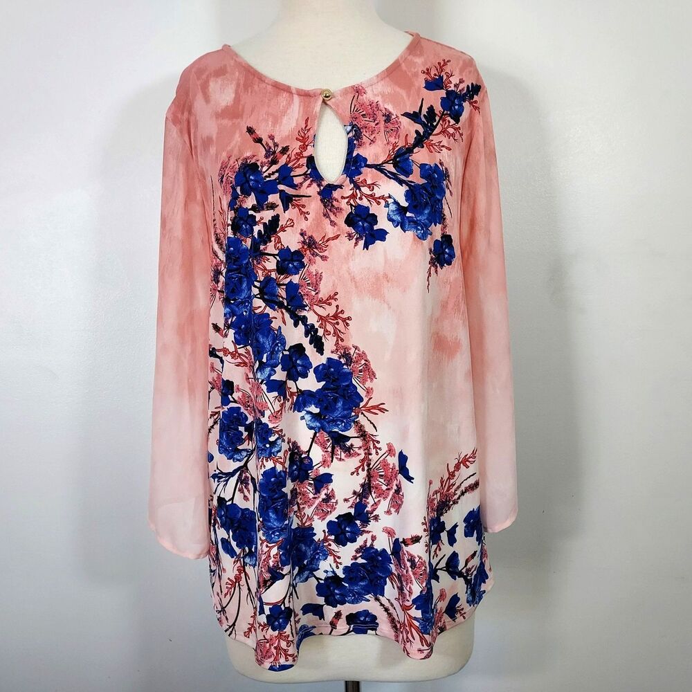 Jm Collection Tunic Top Women size XL Key Hole Neck Chiffon Sheer Sleeve Floral - Picture 2 of 13